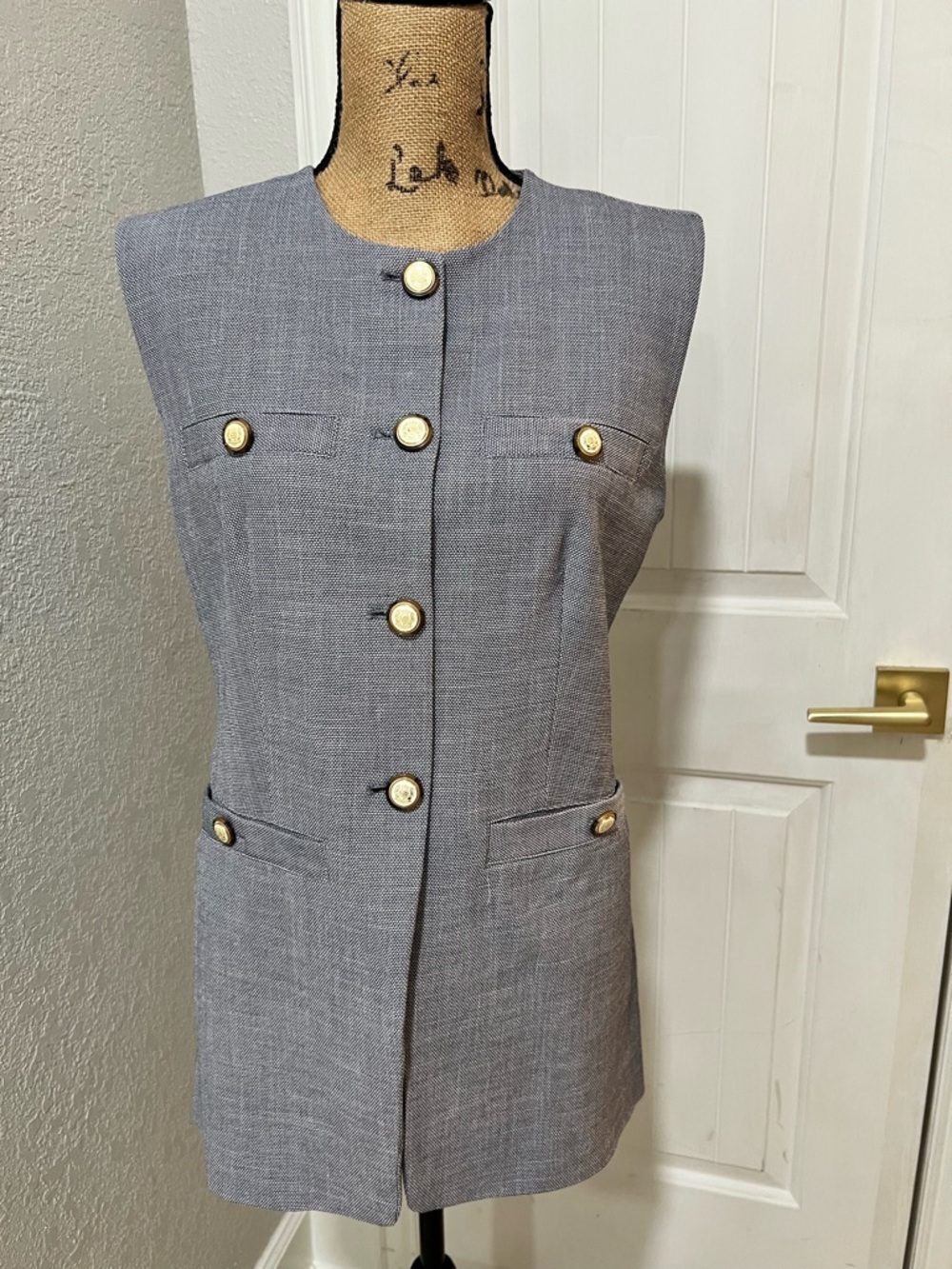 Rachel Zoe Gray Sleeveless Buttoned Long Vest with Gold Buttons